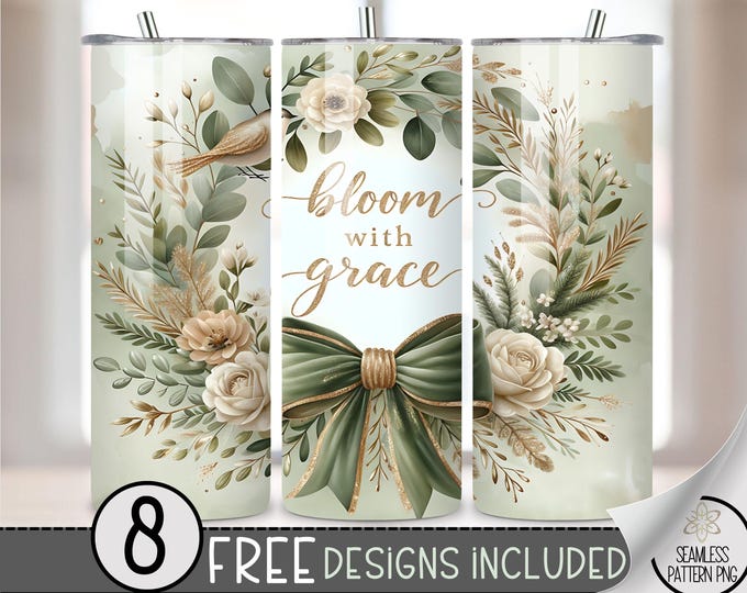 Floral Inspirational Tumbler Wrap, Bird Motivational 20oz Skinny Tumbler Sublimation Design, Seamless Flower Wreathe Tumbler Wrap File PNG