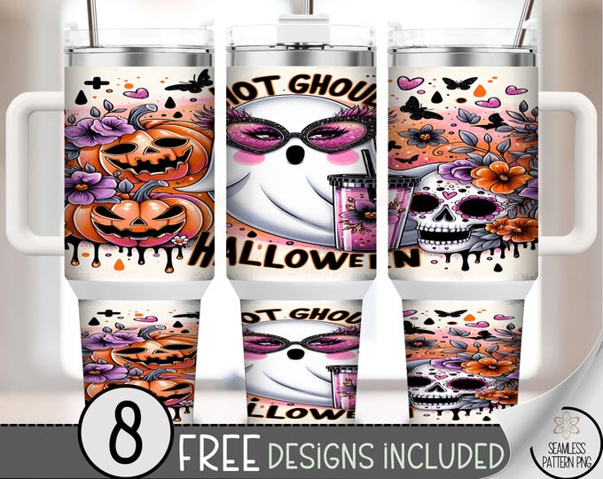 40 oz Hot Ghoul Halloween Tumbler Wrap PNG – Ghost with Drink Cup, Pumpkins, Flowers & Sugar Skull – Girly Goth Fall Sublimation, A395