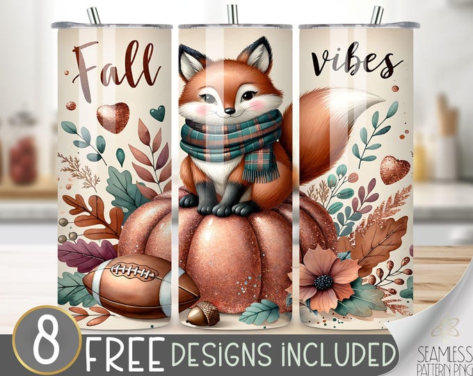 Fall Fox Tumbler Wrap, Fall vibes 20oz Sublimation Design, Football Pumpkin Digital Download, Cozy Season Tumbler Template Boho Tumbler PNG