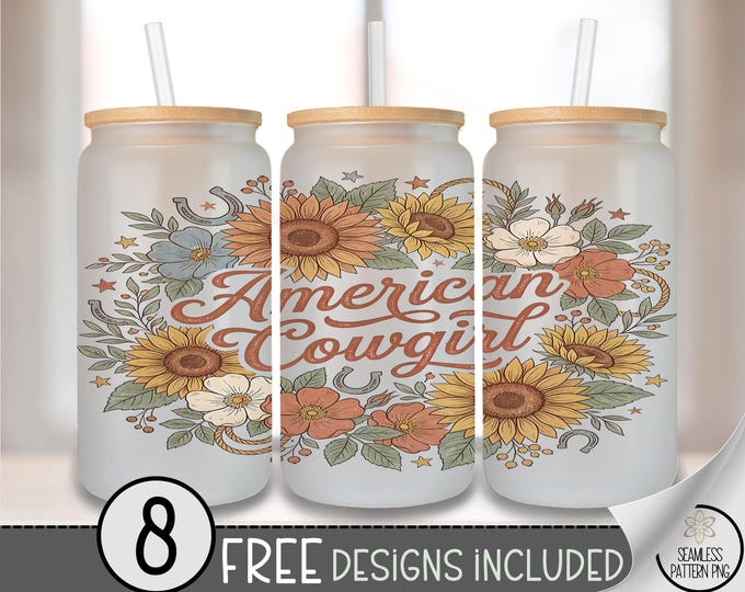 American Cowgirl PNG, Cottagecore Floral 16Oz Glass Can Wrap, Western Sublimation Design, Digital Download, B10057