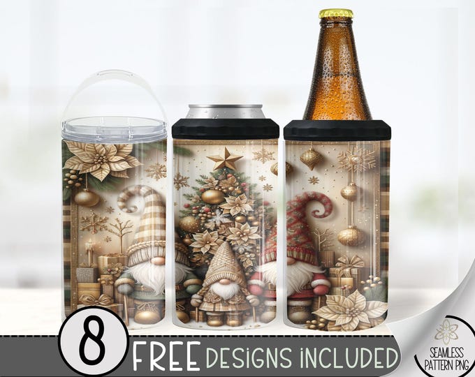 Christmas Gnome 4in1 Can Cooler Wrap, Winter Sublimation Design, Xmas 16 Oz Slim, Cute Gnomes 4 in 1 Tumbler PNG, Christmas 16 Oz Can Cooler
