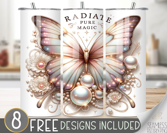 Butterfly Floral Tumbler Wrap, Pearls Flower Sublimation Design,Elegant Nature Tumbler File,Radiate Pure Magic Inspirational Sublimation PNG