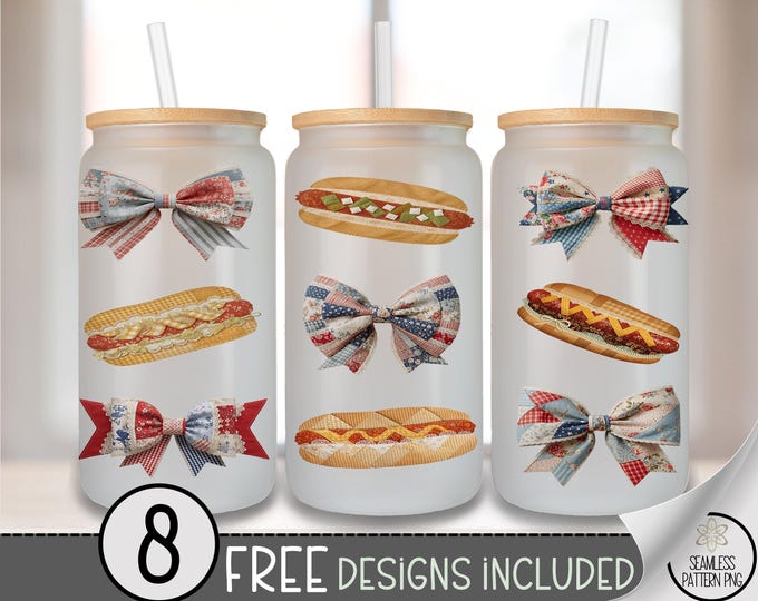 Hot Dog Glass Can Wrap, Faux Patchwork 16oz Glass Tumbler Sublimation Design, Retro Coquette Bow PNG File, 4th of July Clipart B10123