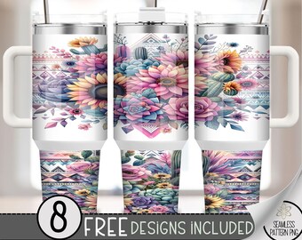 Boho Sunflower Succulent 40oz Tumbler Wrap, Aztec Floral Tumbler Sublimation Design, Cactus 40oz Quencher Tumbler Wrap PNG,Boho Style, A102