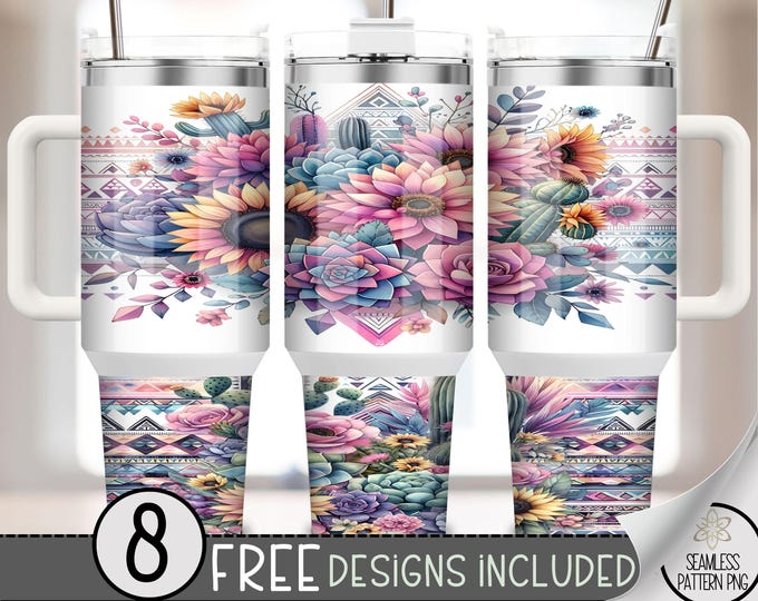 Boho Sunflower Succulent 40oz Tumbler Wrap, Aztec Floral Tumbler Sublimation Design, Cactus 40oz Quencher Tumbler Wrap PNG,Boho Style, A102