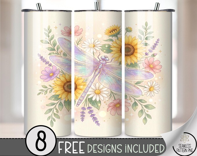 Dragonfly 20 oz Tumbler Wrap, Pastel Sublimation Design for Straight Tumblers, Soft Watercolor PNG Files, Floral Bouquet, Cute Style B10116
