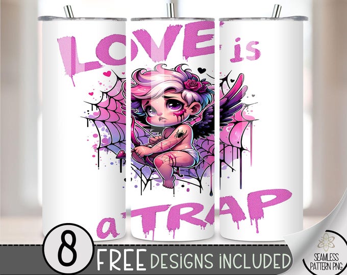 Anti Valentine Tumbler Wrap, Anti Valentine's Day 20oz Skinny Tumbler Sublimation Design, Love Is A Trap Tumbler File PNG, Cupid Web PNG