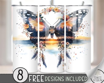 Dreamcatcher Butterfly Floral Tumbler Wrap, Flower Sunset Sublimation Design PNG, Ethereal 20Oz Skinny Tumbler File, Boho Lake Tumbler PNG