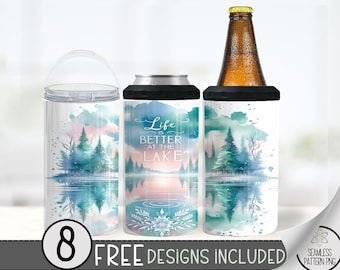 Lake Life 4in1 Can Cooler Wrap, Sunset Can Cooler Design, Watercolor Sublimation Can Holder, Nature 4 in 1 Design Wrap,Floral 16 Oz Can Wrap