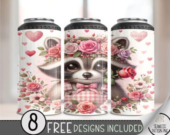 Seamless Valentine Raccoon 4in1 Can Cooler Wrap, Vday Sublimation Design, Love 16 Oz Can Cooler Design File, Raccoon 4 in 1 Tumbler PNG