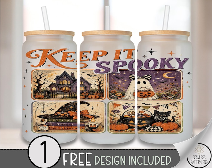 Keep It Spooky Halloween Glass Can Wrap, 16oz Tumbler Sublimation Design PNG File, Digital Download, B10421