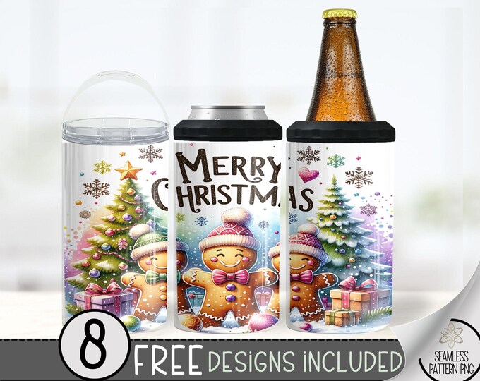Christmas Gingerbread 4in1 Can Cooler Wrap, Cute Xmas 4 in 1 Tumbler PNG, Merry Christmas 16 Oz Can Cooler Sublimation Design,Christmas Tree