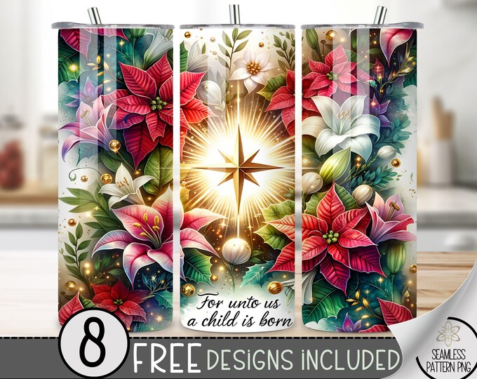 Christmas Tumbler Wrap PNG, Xmas 20 Oz Skinny Tumbler Design, Religious Sublimation Png, Floral 20Oz Skinny Tumbler,Holiday Digital Download