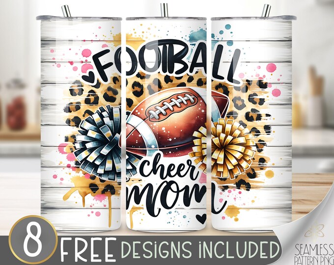 Black & Gold Cheer Football Mom Both 20 oz Skinny Tumbler Cheer Mom Sublimation Template Football Cheer Design Leopard Digital Download PNG