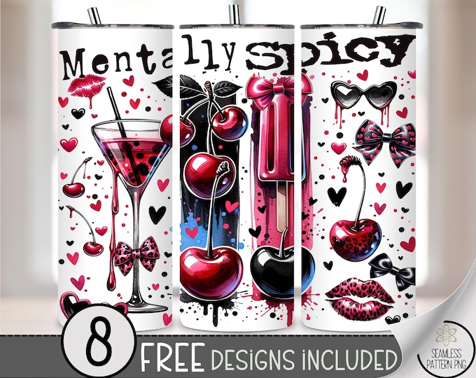 Mentally Spicy 20 oz Skinny Tumbler Wrap PNG, Cherry & Leopard Bow Tumbler Sublimation,Funny Girly 20oz Tumbler Wrap,Messy Coquette PNG A261
