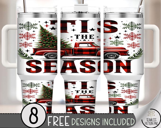 Tis The Season 40 oz tumbler wrap: Christmas Truck Sublimation Design, Cheerful Holiday PNG Files, Snowflake Christmas PNG A473
