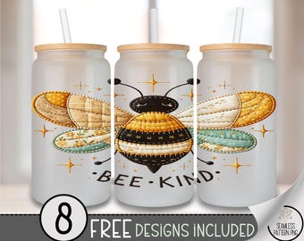 Bee Kind Glass Can Wrap, Patchwork UV Decal for Tumbler, Positive Sublimation Design, Digital Download, Inspirational Cup Sticker, A521
