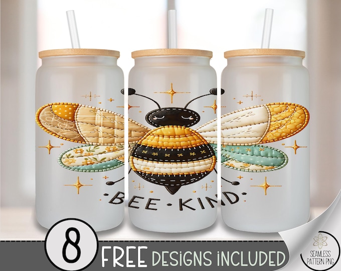 Bee Kind Glass Can Wrap, Patchwork UV Decal for Tumbler, Positive Sublimation Design, Digital Download, Inspirational Cup Sticker, A521
