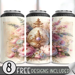 May include: Three white insulated beverage holders with black tops. Each features a floral design with pink, purple, and blue flowers, and a decorative egg-shaped design with a castle. The text "8 FREE DESIGNS INCLUDED" is at the bottom.