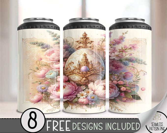 Shabby Chic Easter 4 in 1 Can Cooler Wrap, Easter Egg 4in1 Tumbler PNG, Floral 16 Oz Can Cooler Sublimation Design, Rococo Grand Millennial