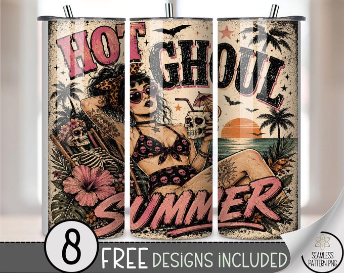 Hot Ghoul Summer 20 oz Tumbler Wrap, Retro Sublimation Design for Straight Tumblers, Spooky PNG Files, Digital Download, B10351