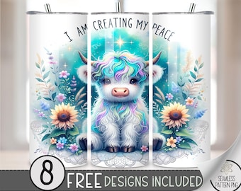 Positive Affirmation Tumbler Wrap, Cute Highland Cow 20oz Skinny Tumbler Sublimation Design, Motivation Tumbler Wrap PNG File,Creating Peace