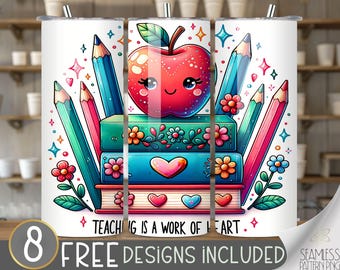 Teacher tumbler wrap, Teaching is a Work of Heart tumbler wrap,autumn 20 oz tumbler design, Teacher Life tumbler PNG, back to school tumbler