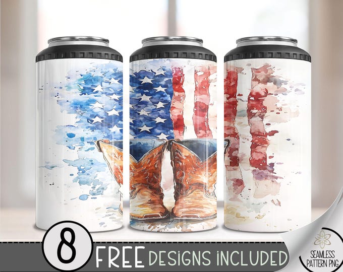 American Flag 4 in 1 Can Cooler Wrap,Patriotic Western Boots Sublimation Design, Cowboy Boots 4in1 Tumbler PNG,Country Girl 16 Oz Can Cooler