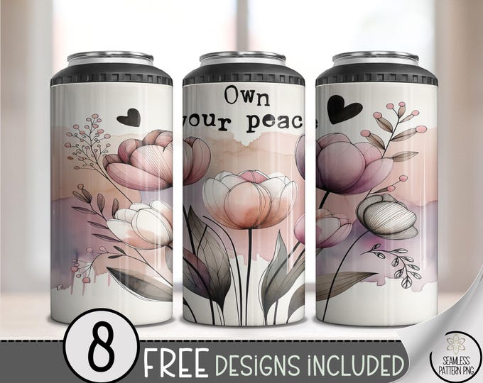 Floral 4-in-1 Can Cooler Wrap, 4in1 Own Your Peace PNG, 16 oz Self Love Design, Mental Health Wrap,Pastel Flower Can Holder Sublimation A267