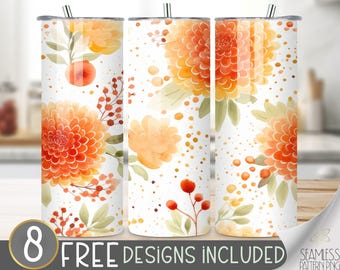 Autumn Floral Tumbler Wrap, Fall Dahlia Seamless Design, Autumn Flower Sublimation Tumbler Design PNG, Chrysanthemum 20 OZ Skinny Wrap PNG