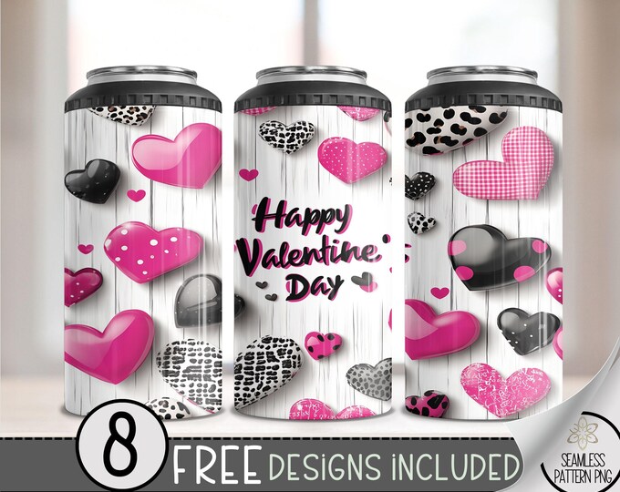 Valentines Day 4 in 1 Can Cooler Wrap, Seamless Heart 4in1 Tumbler PNG, Vday 16 Oz Can Cooler Sublimation Design,Love Hearts Hard Can Cooler