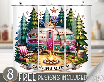 Camping Queen Tumbler Wrap, Camper 20oz Skinny Sublimation Tumbler Design, Pink Camper Tumbler File, Glittery Feminine Sublimation Tumbler