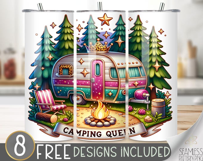 Camping Queen Tumbler Wrap, Camper 20oz Skinny Sublimation Tumbler Design, Pink Camper Tumbler File, Glittery Feminine Sublimation Tumbler