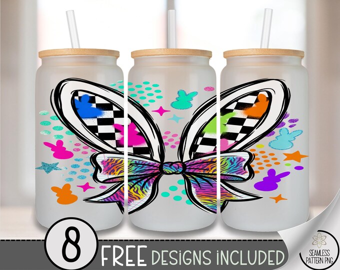 Easter Butterfly PNG, Bunny Ears Glass Can Wrap Sublimation Design, Digital Download, B892