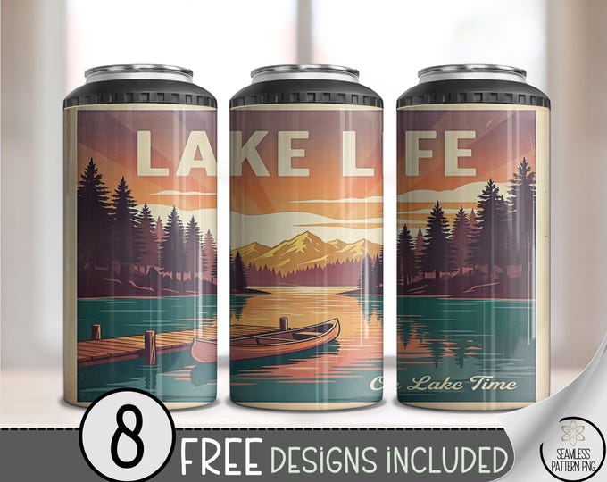 Lake Life 4in1 Can Cooler Wrap, Retro Sunset Sublimation Design, Digital Download, B10490