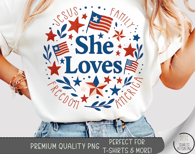 She Loves Jesus And America Too PNG, Patriotic Christian T-Shirt Design, 4th of July PNG, Fourth Of July png, Independence Graphic, A262