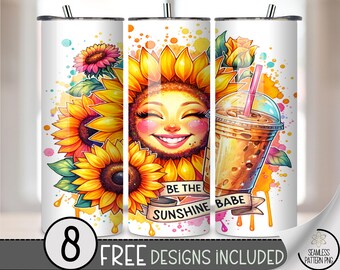Be The Sunshine Babe 20 oz Tumbler Wrap, Colorful Floral 20oz Sublimation Design, Printable Positive Inspirational 20oz Wrap PNG, A452