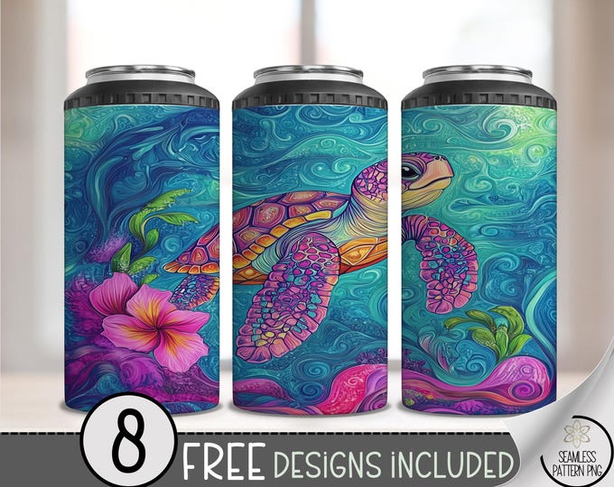 Sea Turtle 4 in 1 Can Cooler Wrap, Tropical 4in1 Tumbler PNG, Colorful Beach PNG 16oz Sublimation Design, Beach Summer Can Wrap, A200