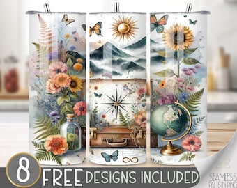 Reise-Tumbler-Wrap, nahtlose 20 Unzen-dünne Tumbler-Sublimation, Urlaubs-Tumbler, Feiertags-Tumbler, Abenteuer-Tumbler, Wildblumen-Tumbler PNG