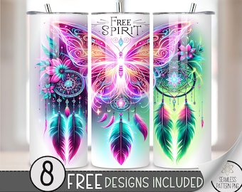 Neon Butterfly Dreamcatcher Tumbler Wrap, Free Spirit 20oz Skinny Tumbler Sublimation Design, Boho Tumbler Wrap PNG, Seamless Hippie File