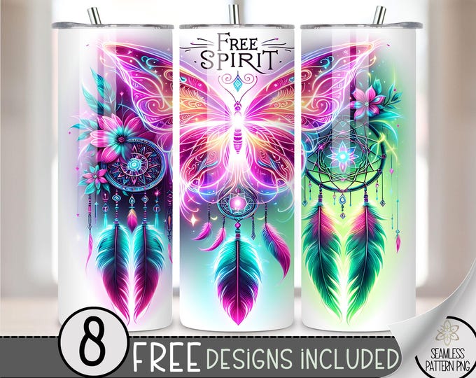 Neon Butterfly Dreamcatcher Tumbler Wrap, Free Spirit 20oz Skinny Tumbler Sublimation Design, Boho Tumbler Wrap PNG, Seamless Hippie File