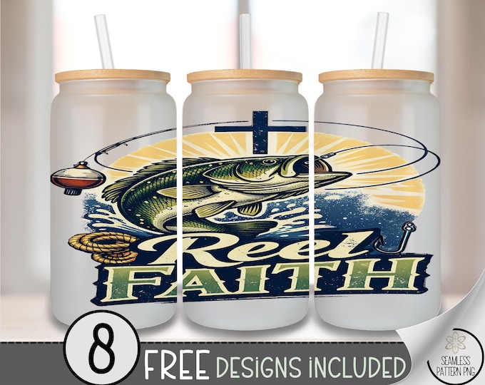 Fishing Glass Can Wrap, Reel Faith 16oz Glass Tumbler Sublimation Design, Distressed Nautical PNG File, B10040