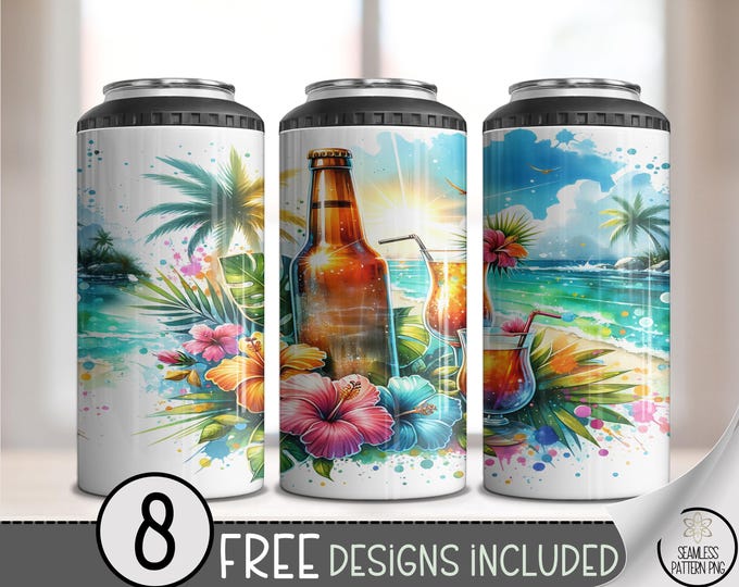 Tropical Beach 16 oz Can Cooler Wraps, Vibrant 4 in 1 Drink Sleeve, Coastal Paradise, Summer Party Design, Ocean View Printable A608