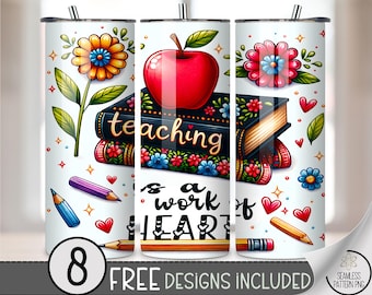 Teaching Is a Work of Heart Tumbler Wrap PNG, Cute Teacher Apple Book Floral School Design for Sublimation 20 oz Skinny Tumbler, A334