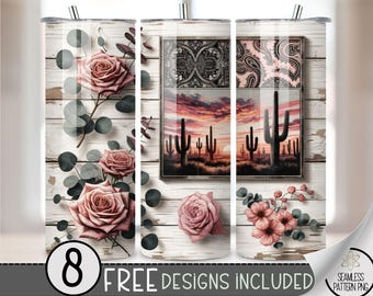 Boho Western Tumbler Wrap, Country Western 20oz Skinny Tumbler Sublimation Design, Floral Country Girl Tumbler Wrap File PNG, Cactus Design