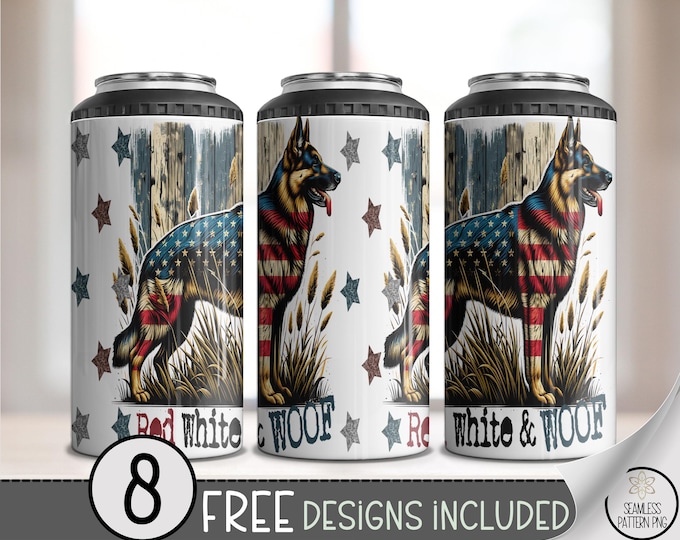 German Shepherd 4-in-1 Can Cooler Wrap PNG, Patriotic Dog Sublimation Design, American Flag Pet Wrap, Red White Woof 16 oz PNG A272