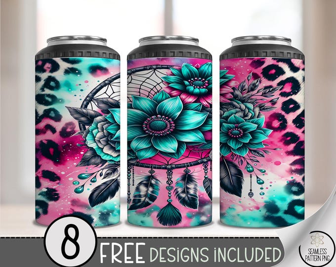 Leopard Dreamcatcher 4-in-1 Can Cooler Wrap PNG, Boho Floral Teal Pink Sublimation Design with Feathers and Cheetah Print, A406