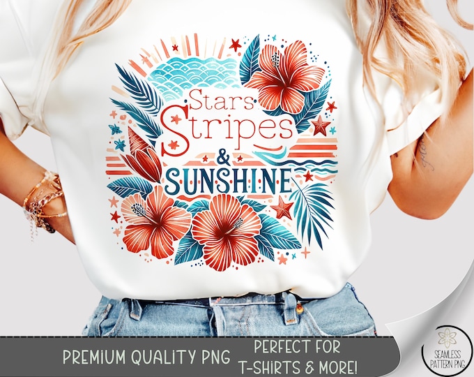 Stars Stripes & Sunshine T-shirt PNG,Summer USA Floral Shirt Design,Red White Blue DTF Transfer,4th of July Retro Graphic,Beach Fourth, A253