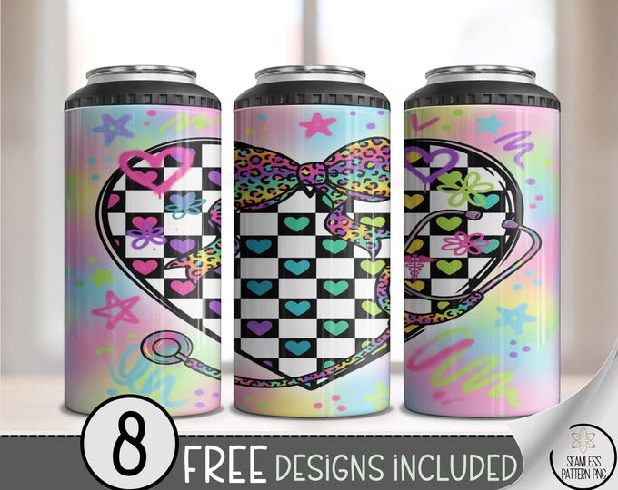 Leopard Nurse 4in1 Can Cooler Wrap, Stethoscope Heart Sublimation Design, Checkerboard Kawaii 16 oz 4-in-1 File Y2K Coquette PNG B912