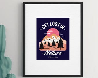 Mountain Sunset Print, Retro National Park Art (A4 Digital Download)